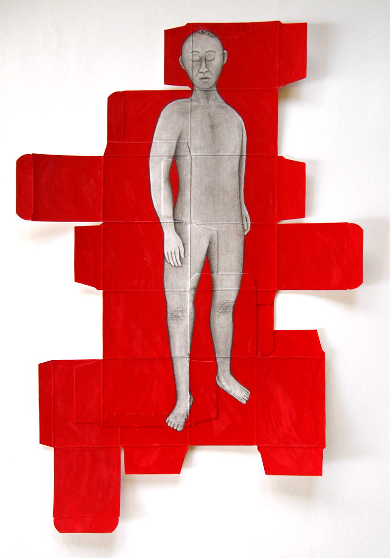 "The Internalised Self: Ganymede" (2018) | Graphite and watercolour on HIV medication packaging | 42cm × 29cm | Singapore Art Museum collection