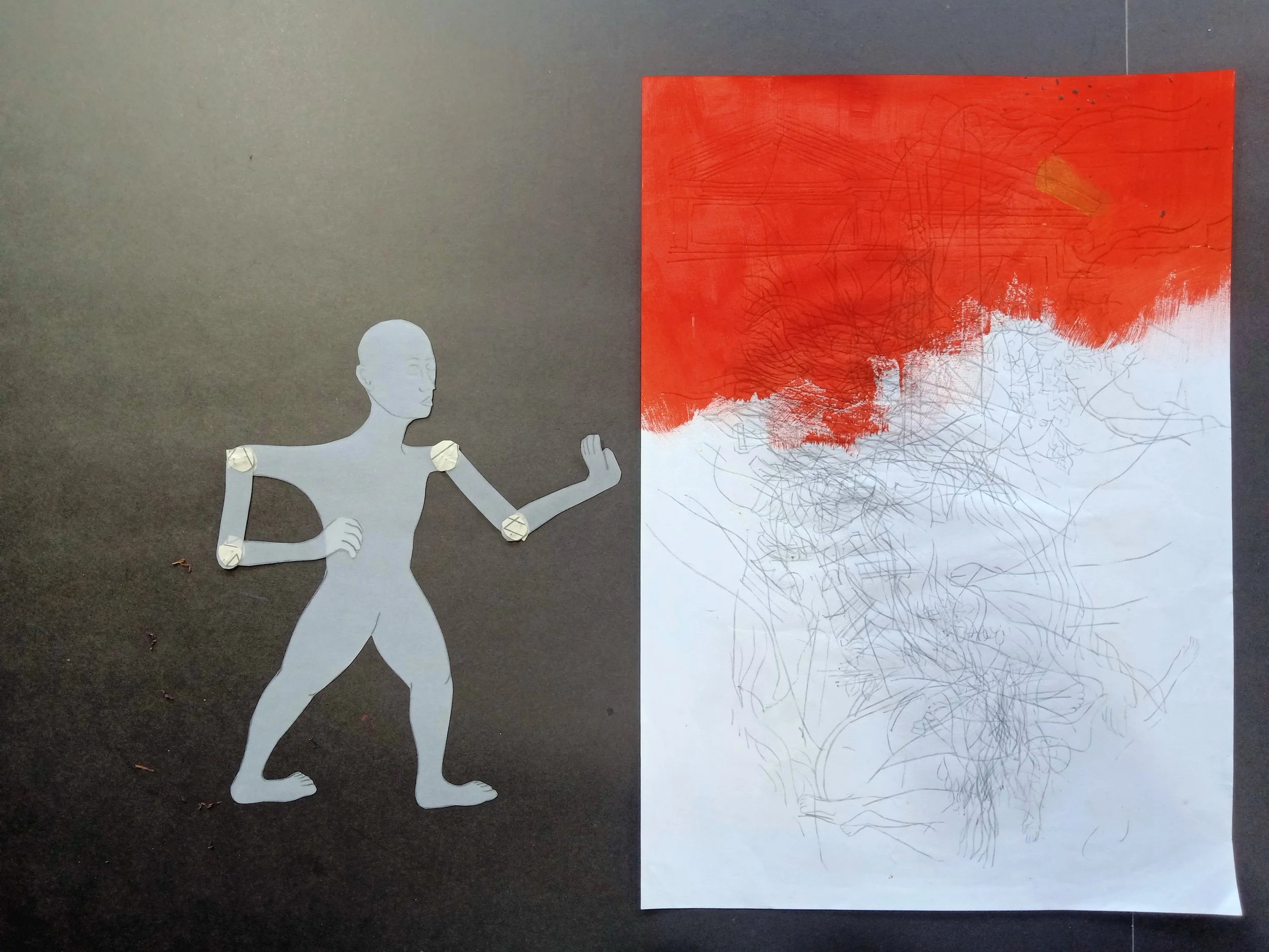 Study for an articulated figure on tracing paper, with drawing in acrylic and graphite 