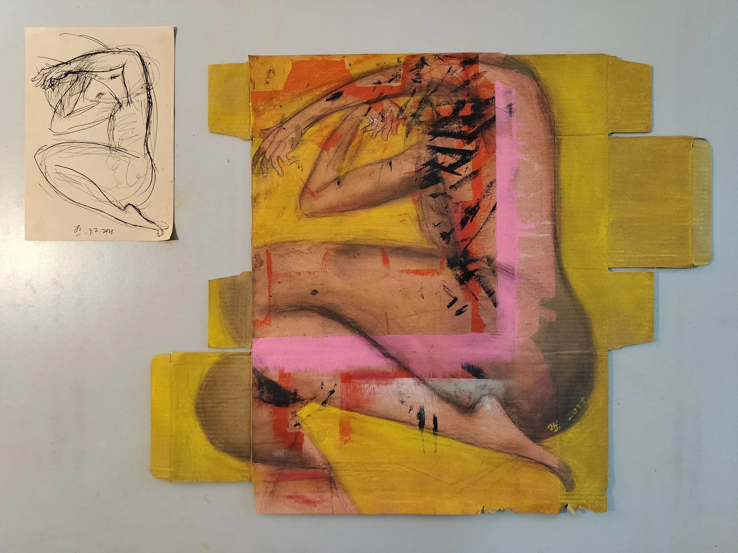 "Pink and Yellow" completed painting shown next to its sketch.