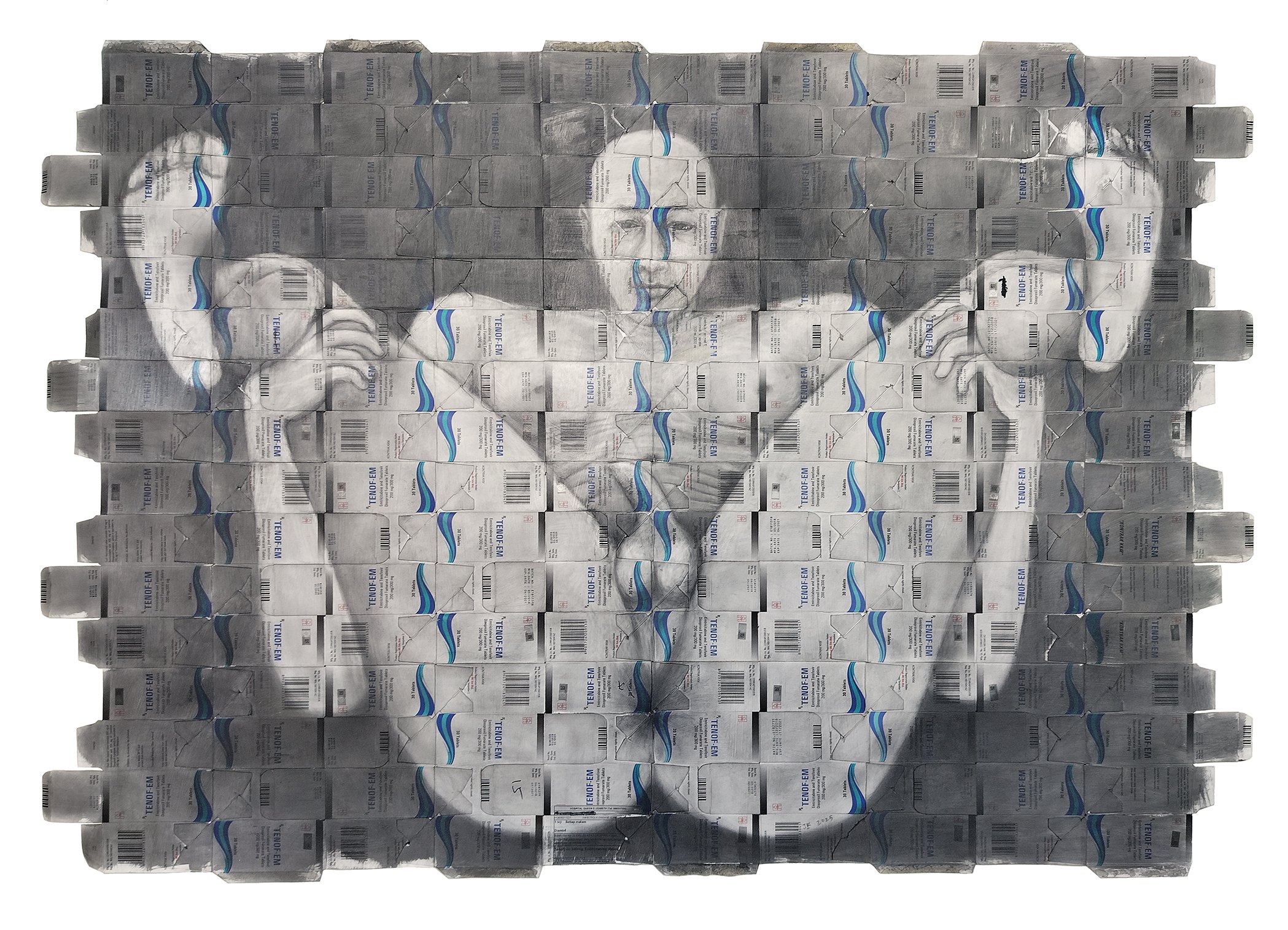 "The Answer, or I am ready to receive the fuckery of truth" (2025) | 80cm x 107cm | Graphite on HIV medication packaging