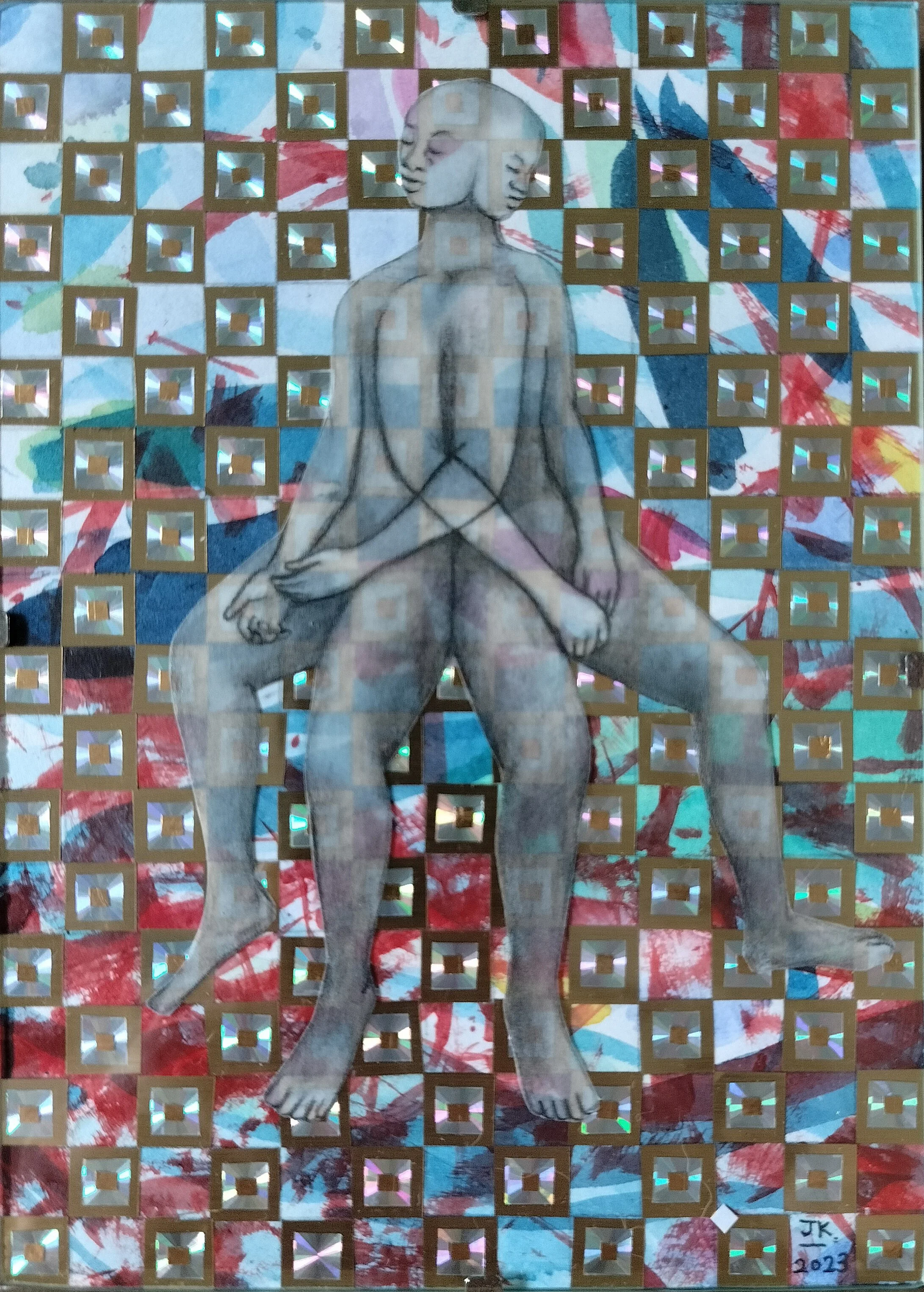 "The Unvariegated Self, or Let’s get canceled together because that will give us more virality" (2023) | Graphite on tracing paper and mixed media | 18cm x 13cm