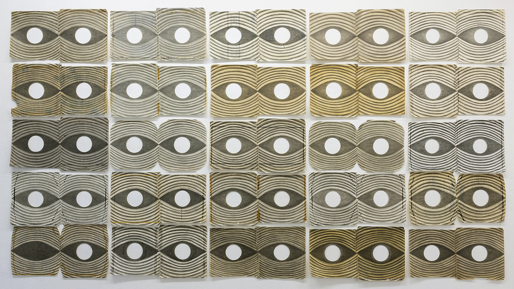 "Reveal" (2024) | 168cm x 306cm | Graphite on vintage inner record sleeves 