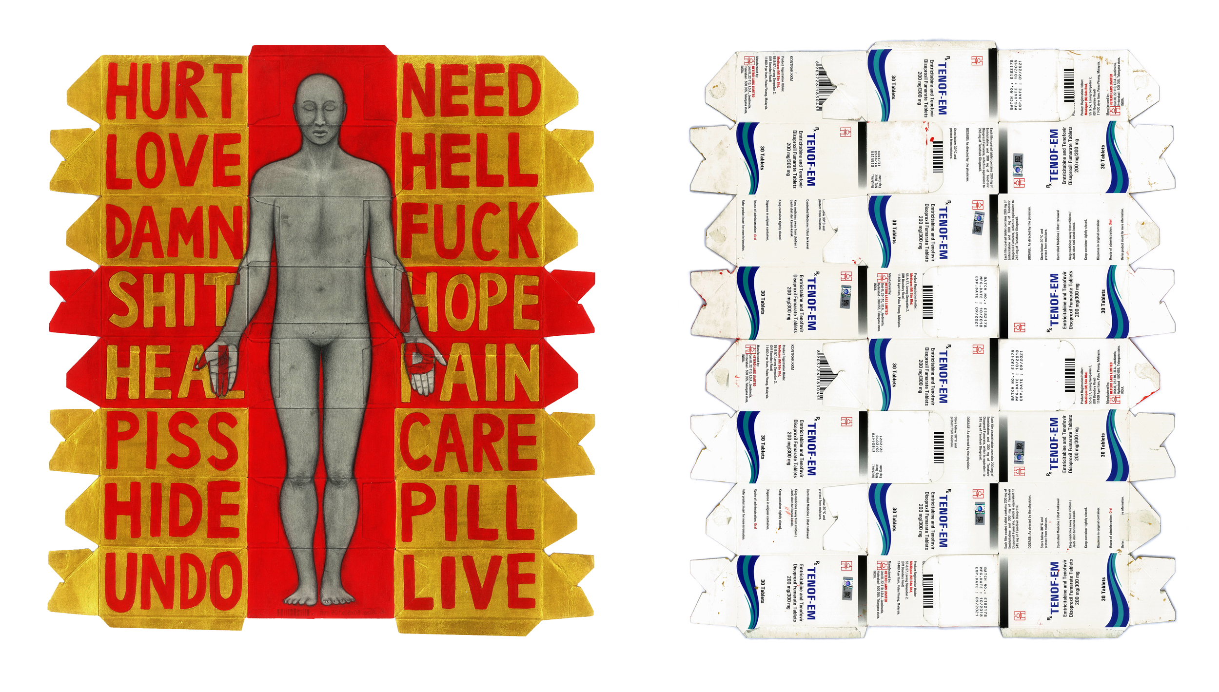 “Everything is…”  (2019) (front and back) | Graphite and acrylic on HIV medication packaging | 42cm x 39cm |  Private collection
