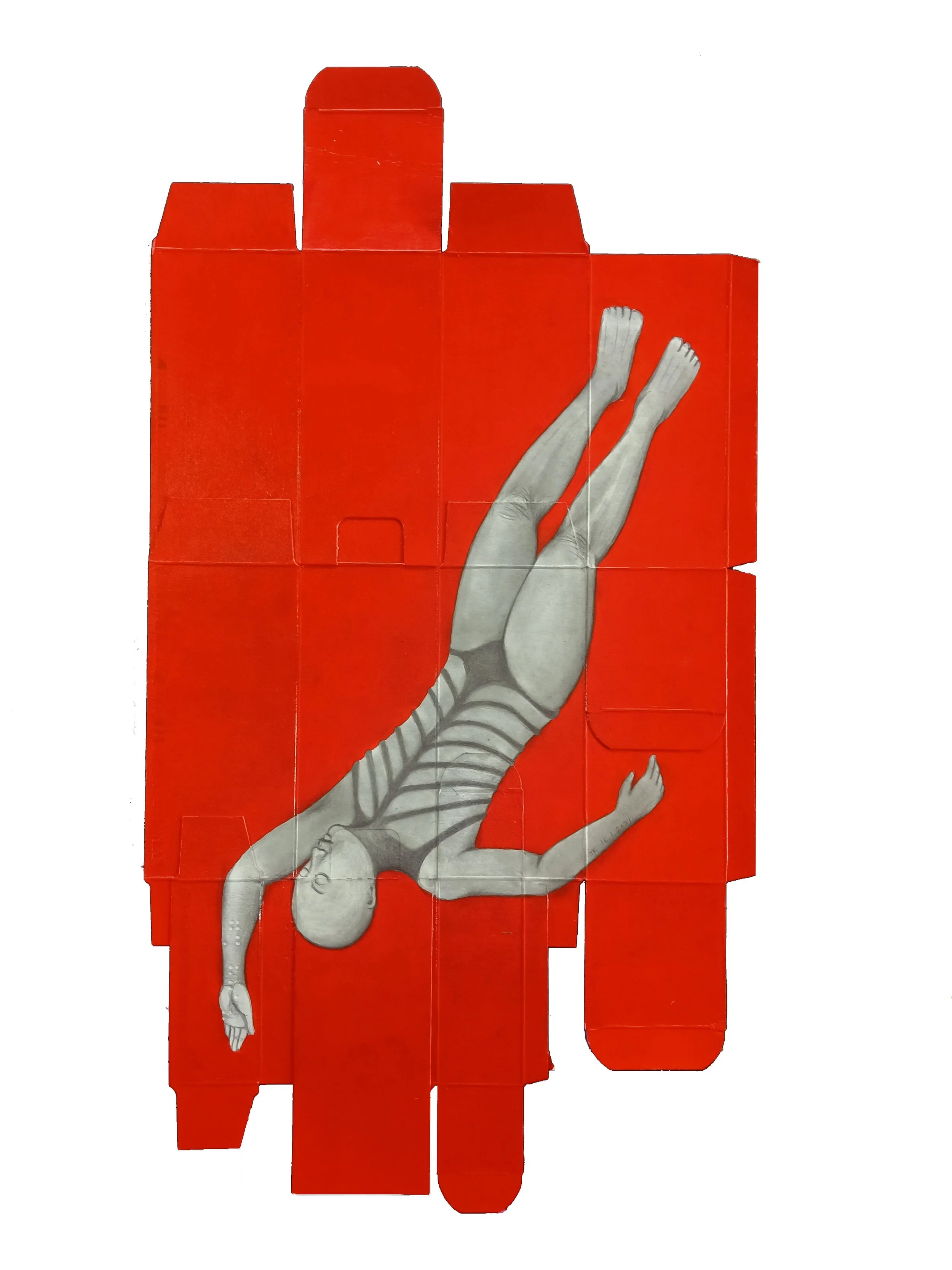 “The Diver” (2020)
Graphite and acrylic on HIV medication packaging
25cm x 47cm