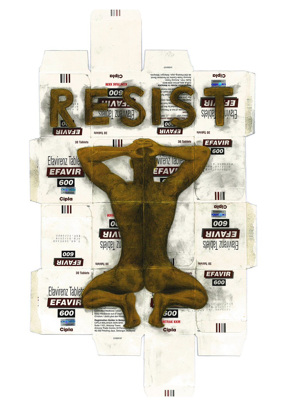 “Resist” (2019) | Graphite and acrylic on HIV medication packaging | 43cm x 25cm | Private collection
