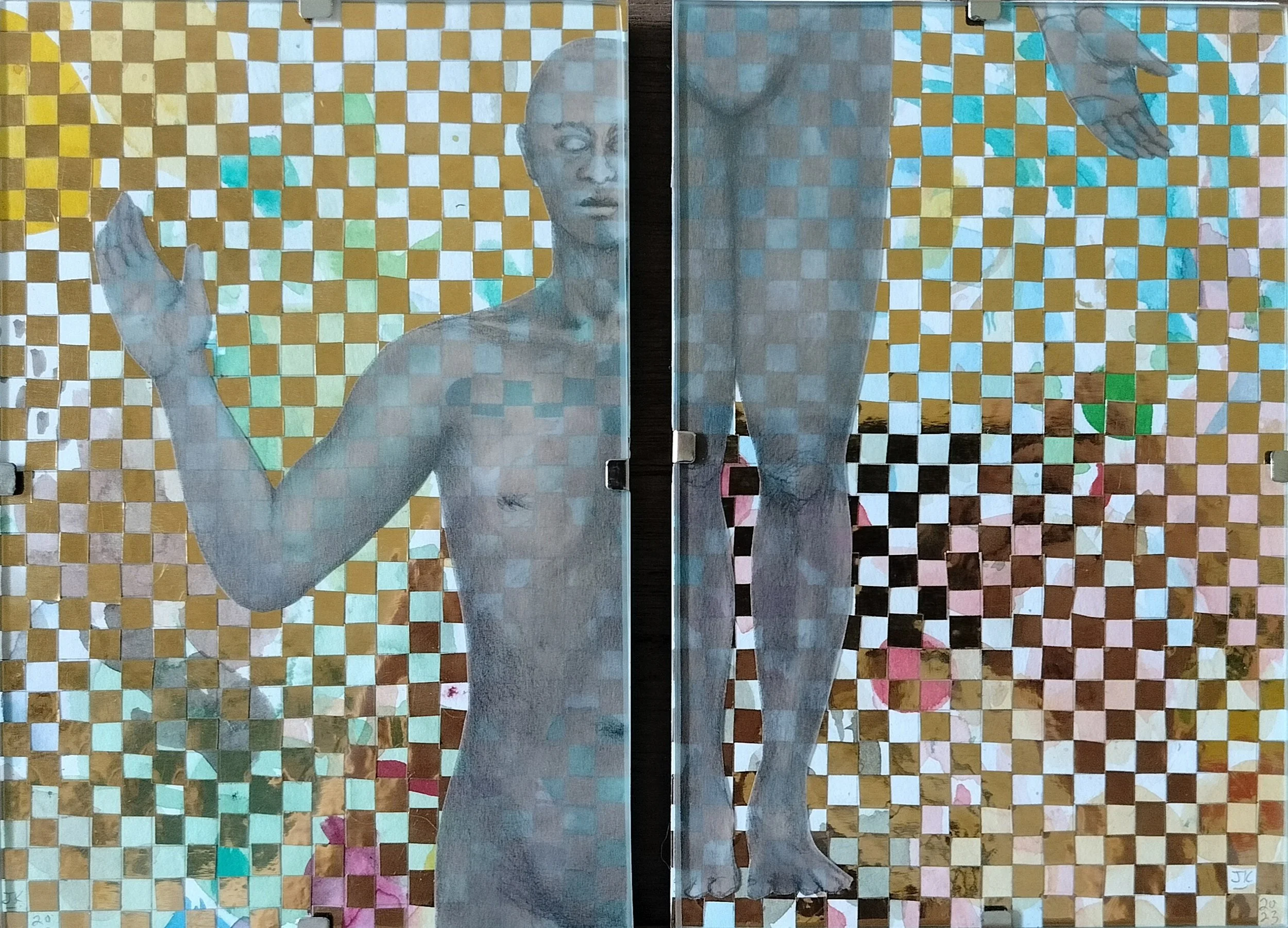 "Body, Mind and Soul (in two parts), or I used to think that all I needed was just a cushy job and good friends but now I realise that I need amazing drugs as well" (2023) | Graphite on tracing paper and mixed media | 15cm x 20cm