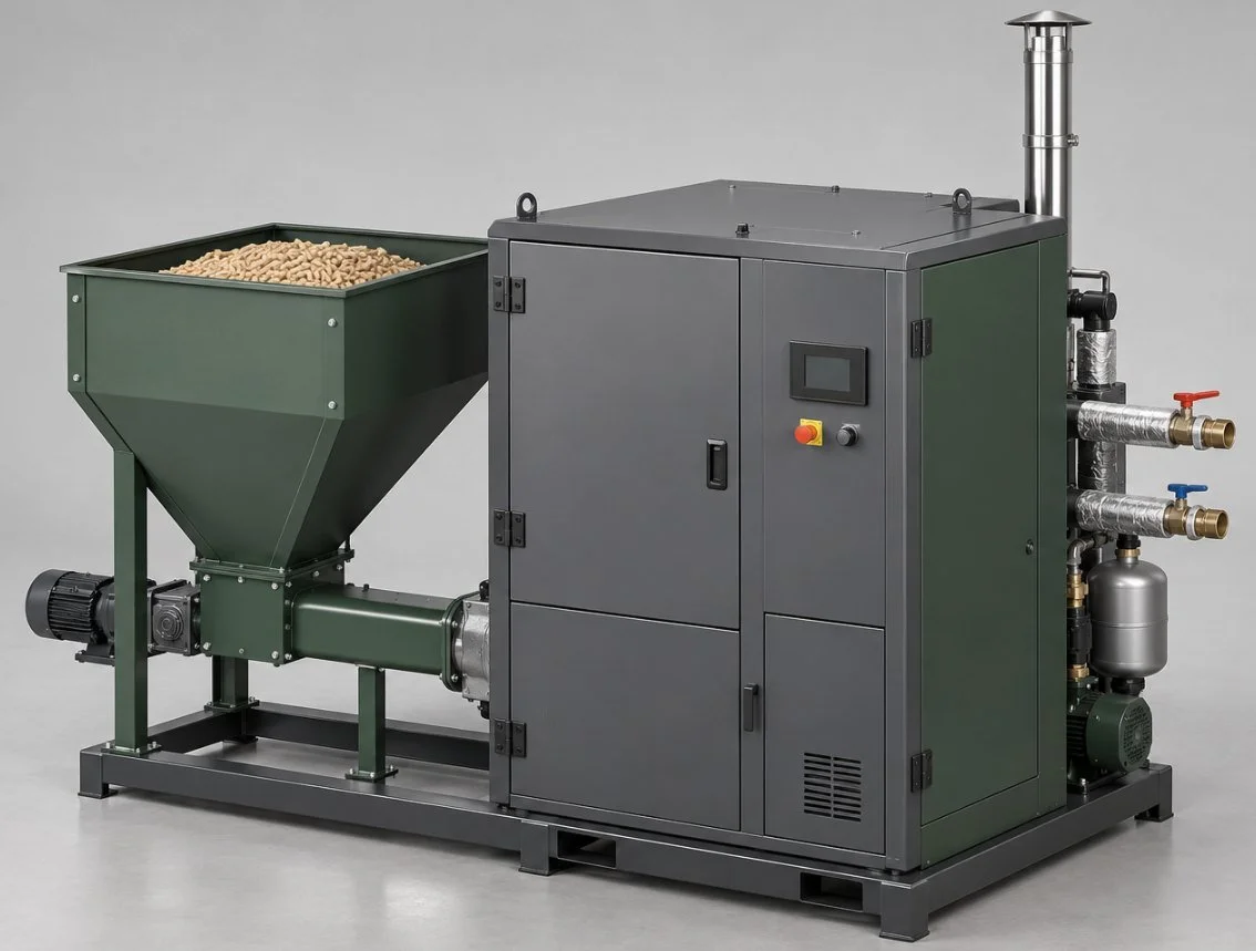 Compact wood pellet bioenergy unit with fuel hopper, producing local electricity and heat