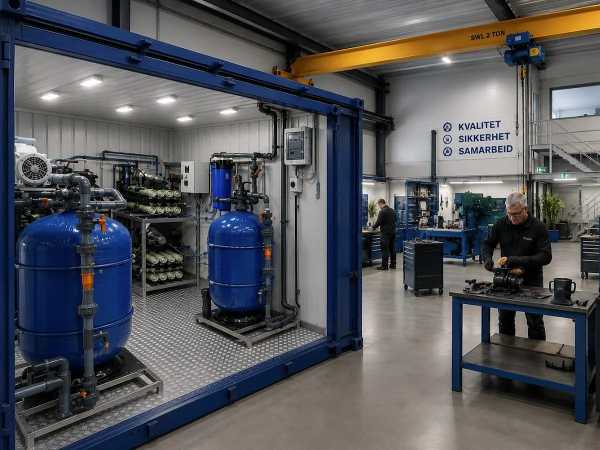 Industrial workshop with water treatment equipment, blue tanks, and tools. Two workers are working on machinery, and a yellow overhead crane is visible.