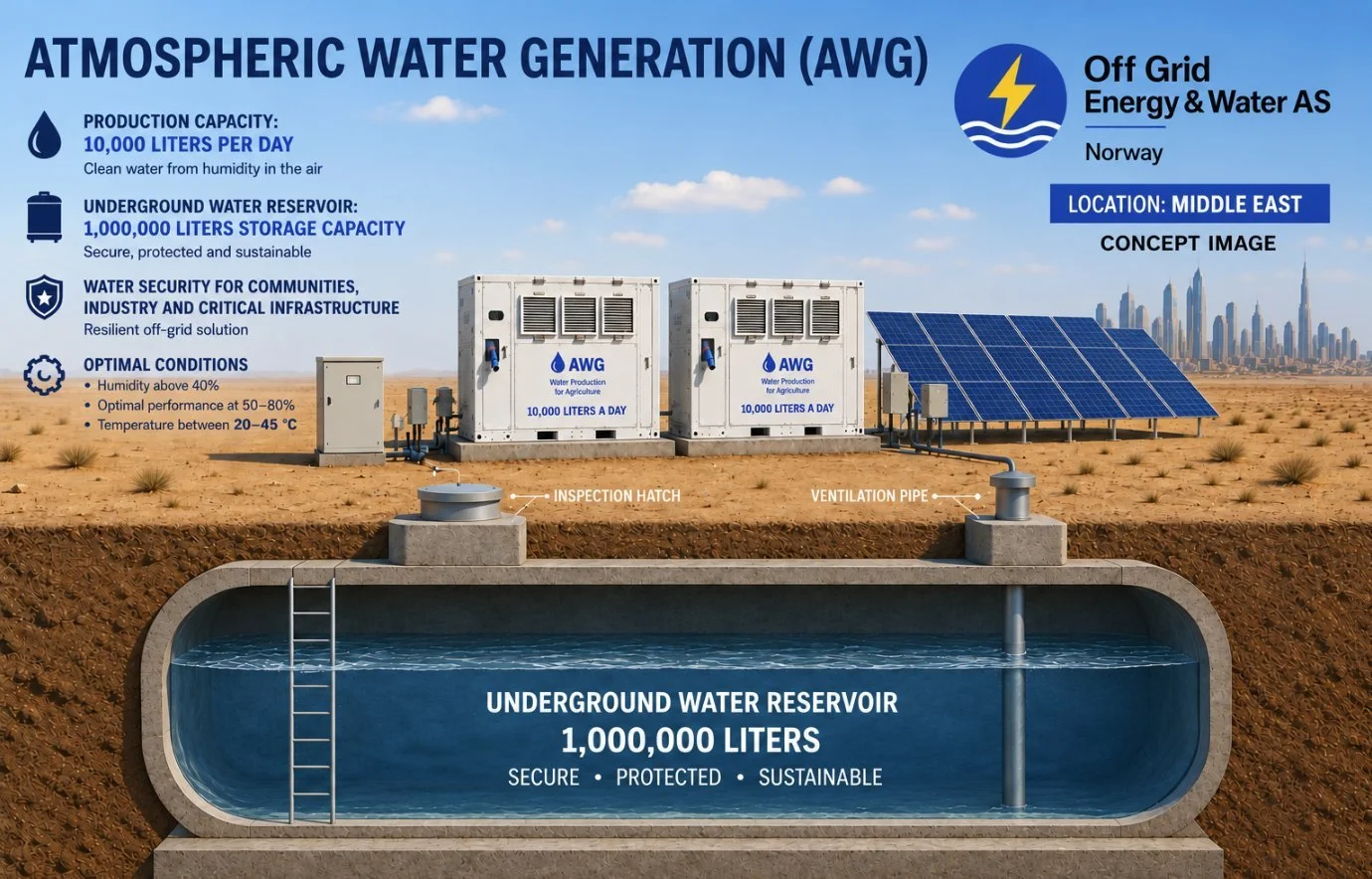 Concept illustration of atmospheric water generation (AWG): two AWG units powered by solar panels, producing 10,000 litres per day into an underground water reservoir