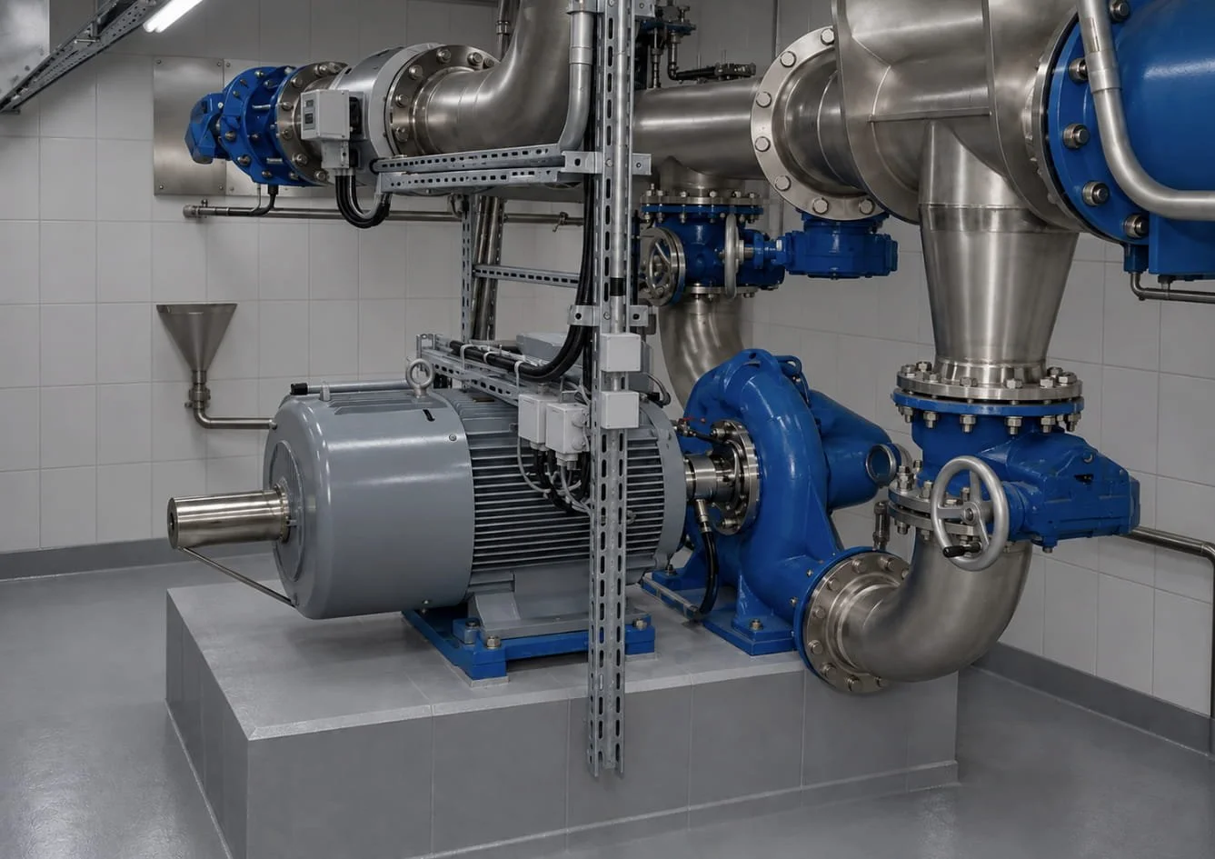 Industrial machinery with large stainless steel pipes, a motor, and valves installed on a tiled wall.