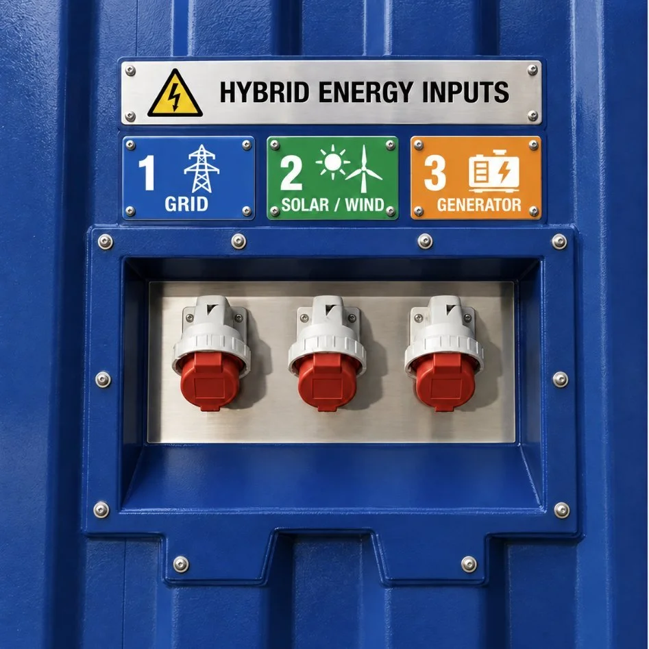 Hybrid energy inputs on a water production unit: separate connections for grid power, solar and wind, and a backup generator