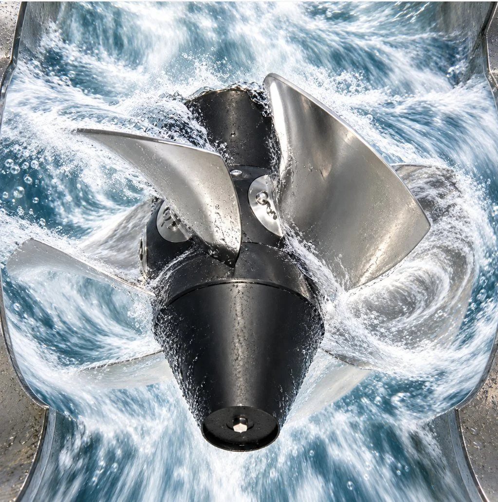 Kaplan turbine in flowing water, generating hydropower at low water heads