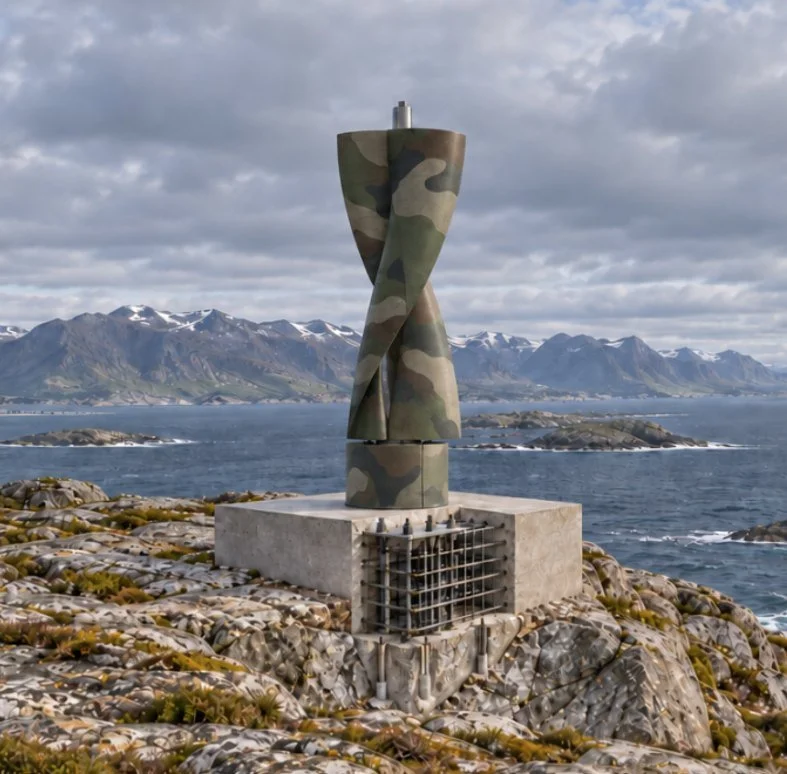 Vertical wind turbine on a concrete foundation on a rocky Norwegian coastline, producing off-grid wind powe