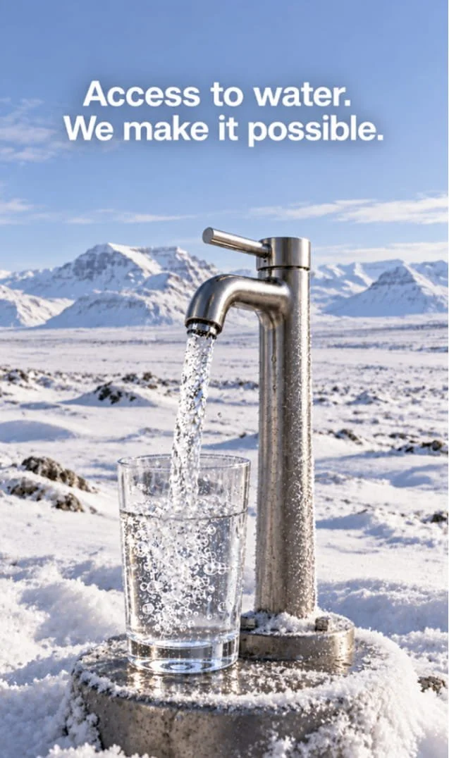 A water faucet in a snowy landscape with mountains in the background, pouring water into a glass. Text overlay reads, "Access to water. We make it possible."