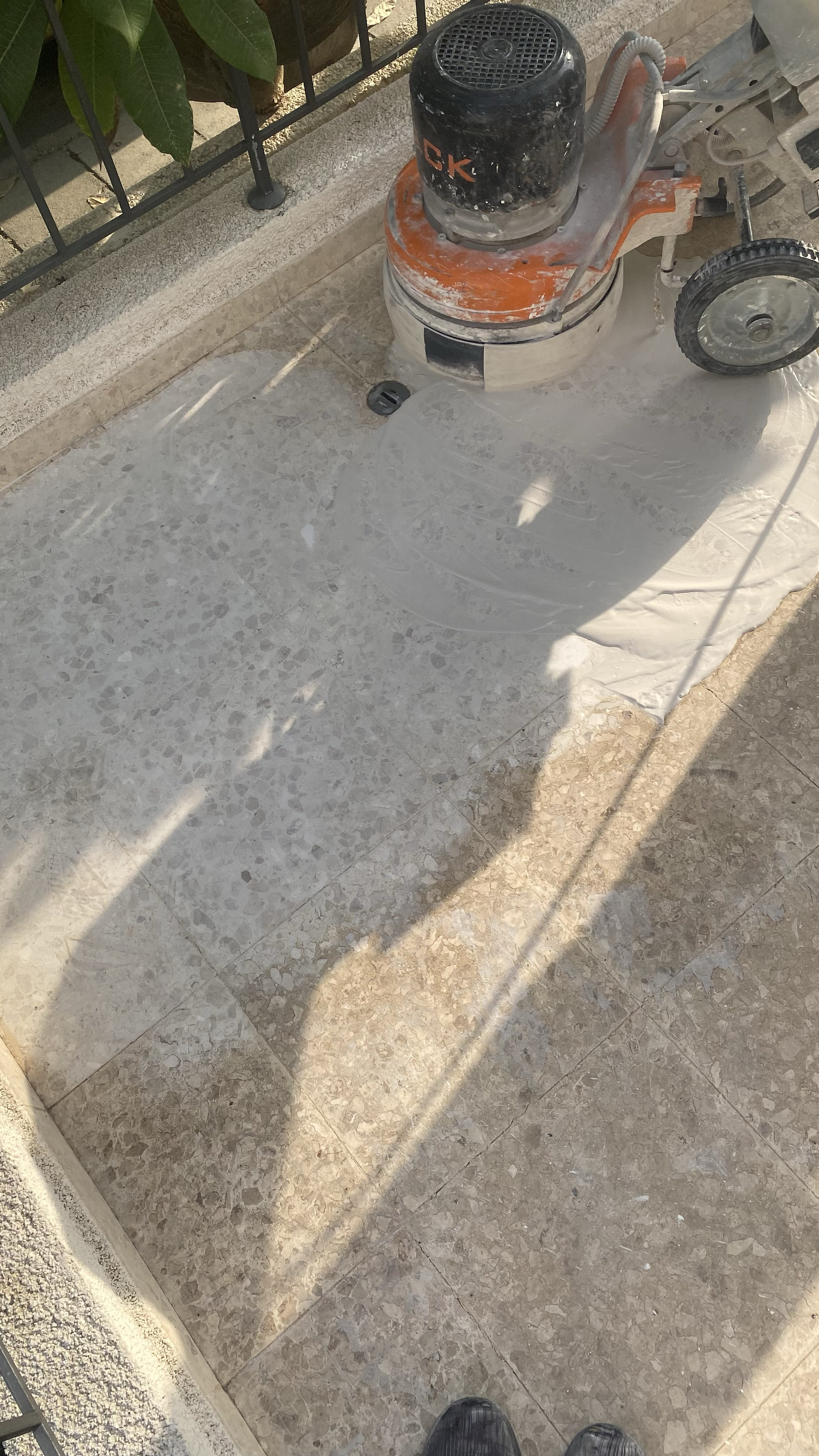 Photo of a tile floor with a wet markings, part of a construction or renovation area, a concrete border, a metal fence, green leaves, and the shadow of a person wearing black shoes.