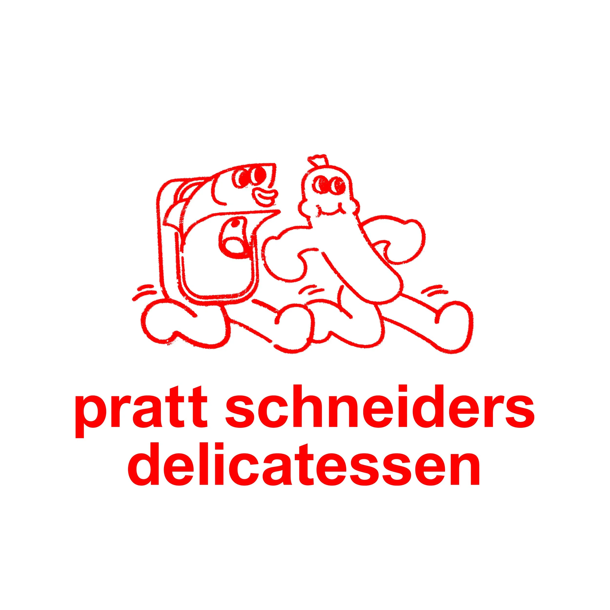 Red line drawing of a chef holding a knife and a dish, with the words 'pratt schneiders' and 'delicatessen' below in red text.