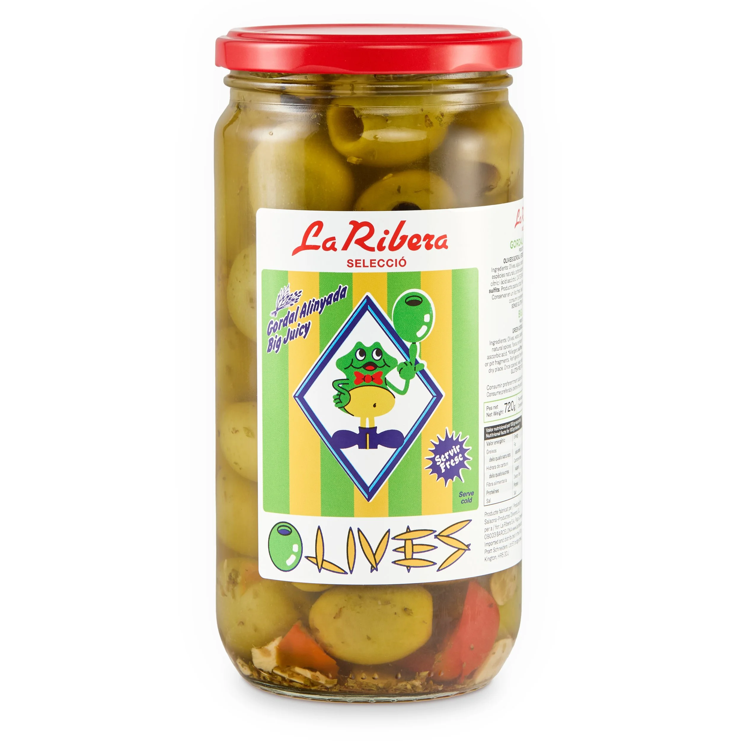 A glass jar filled with green olives submerged in brine, sealed with a red lid, and labeled 'La Ribera Selecció' with colorful design elements.