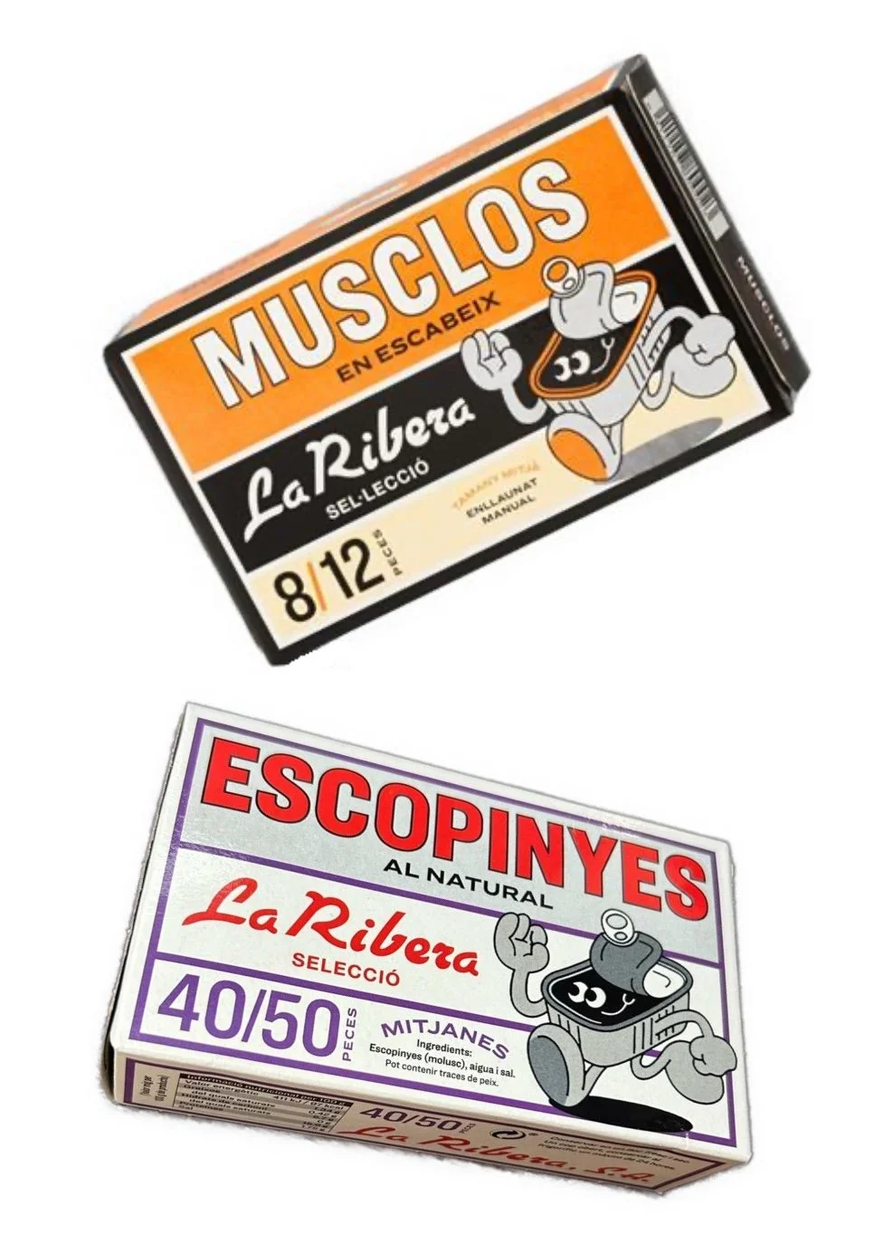 Two boxes of canned food with cartoon characters; one label reads 'MUSCLOS EN ESCABEX' and the other 'ESCOPINYES AL NATURAL'.