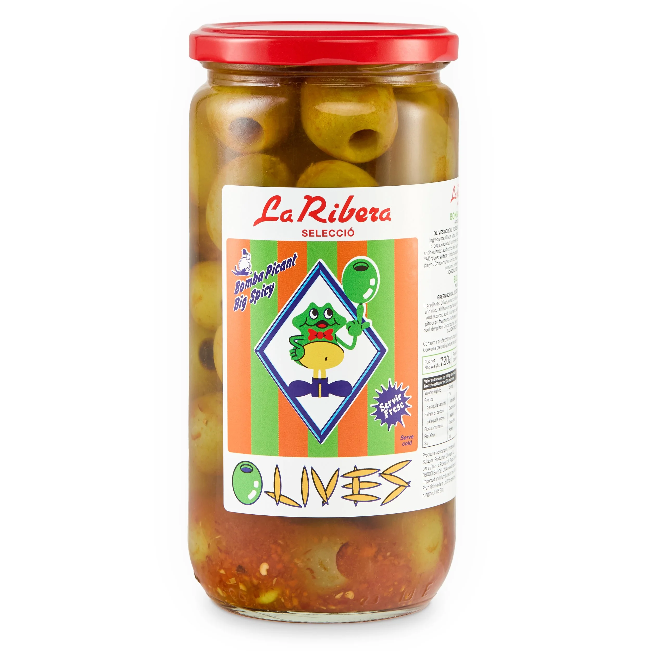 Jar of green olives with red lid labeled 'La Ribera Selecció' and colorful label featuring a cartoon frog with a red bowtie.
