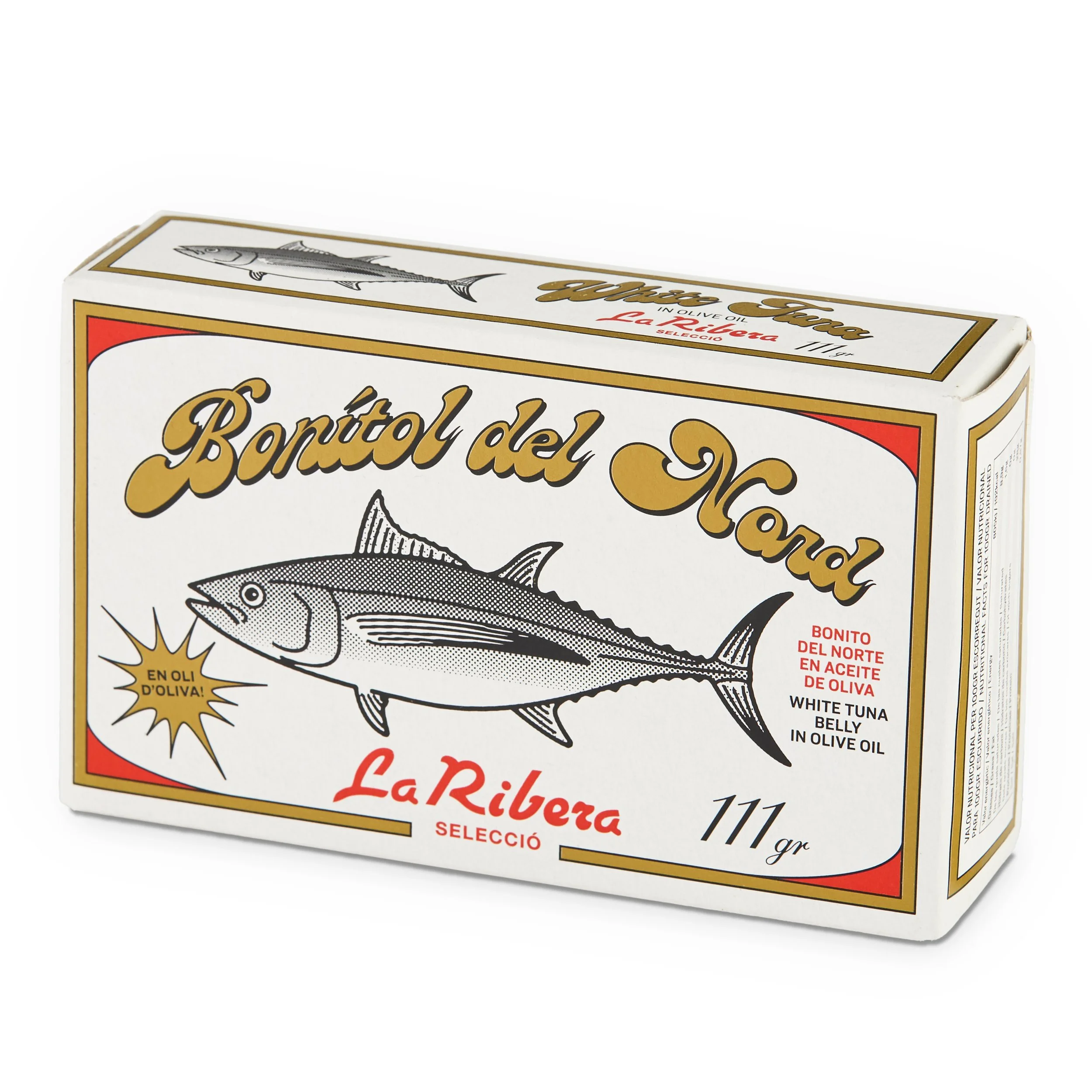 A white rectangular box of tuna in olive oil with black and red text and a fish illustration.