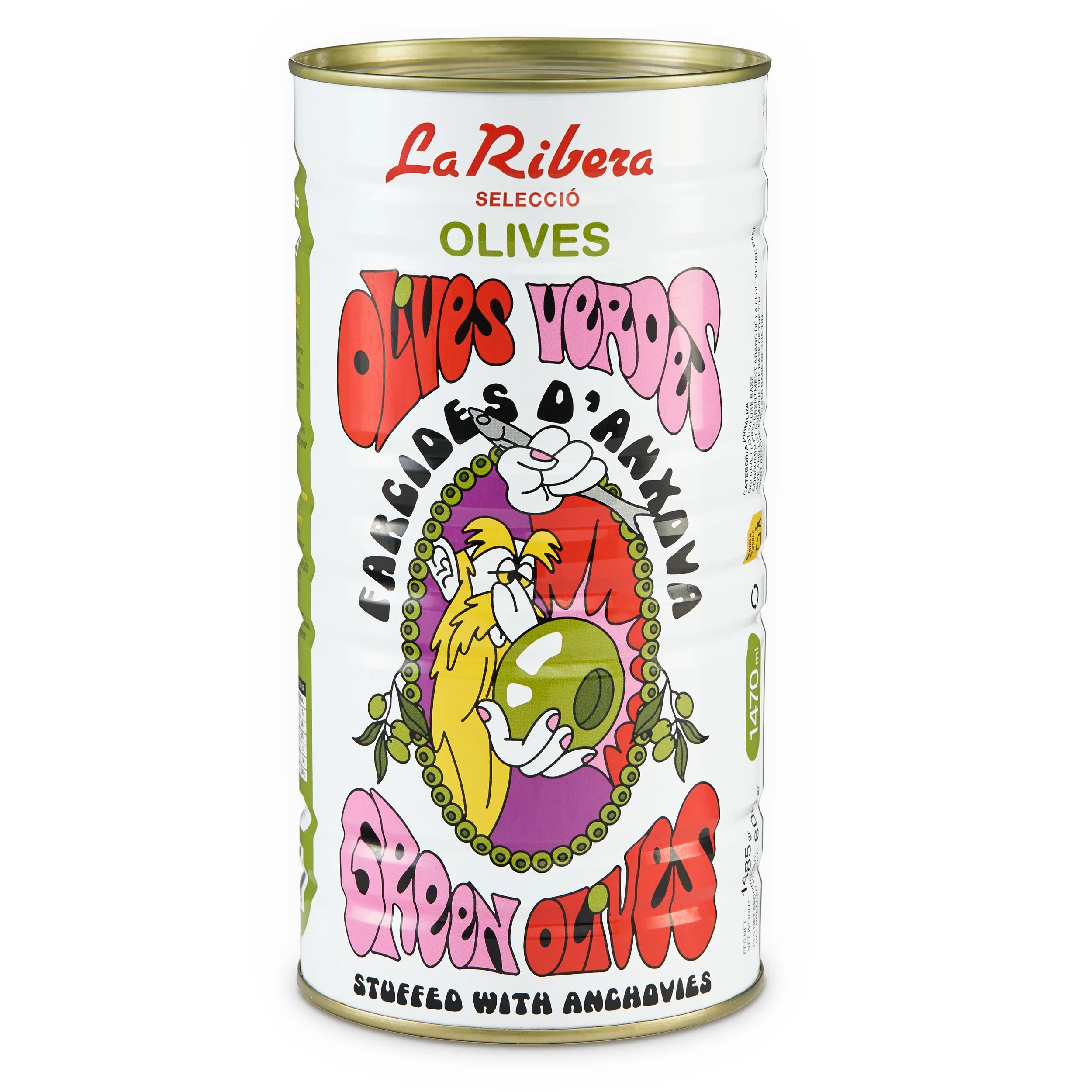 A can of La Riba Olives, featuring colorful, cartoon-style artwork and text that reads 'Stuffed with Anchovies.'