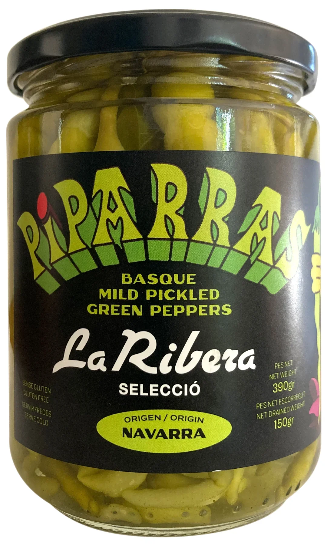 Glass jar of La Riberia Basque mild pickled green peppers with a black lid and a black label with green and white text.