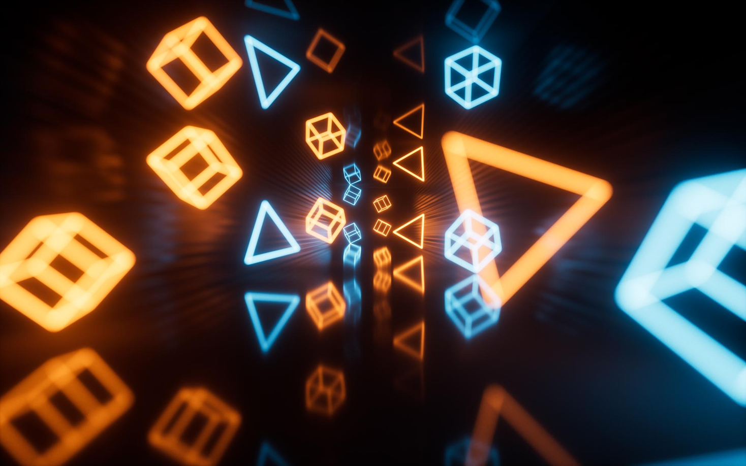 Neon geometric shapes including cubes, triangles, and pentagons glowing in blue and orange colors against a dark background, creating a tunnel-like effect.