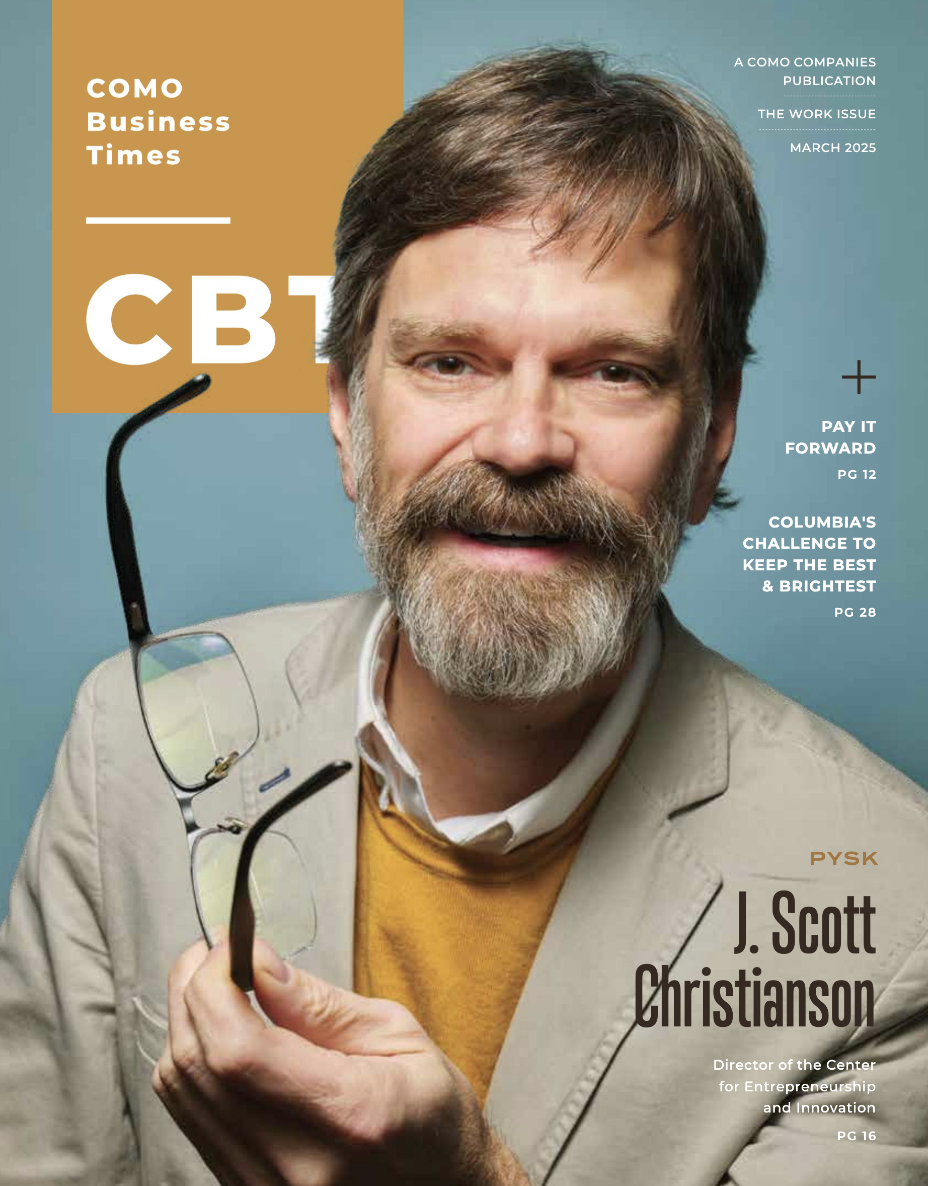 Magazine cover featuring Prof C holding his glasses with one hand. He is dressed in a beige blazer and a yellow sweater. The text includes magazine title, article titles, and page numbers.