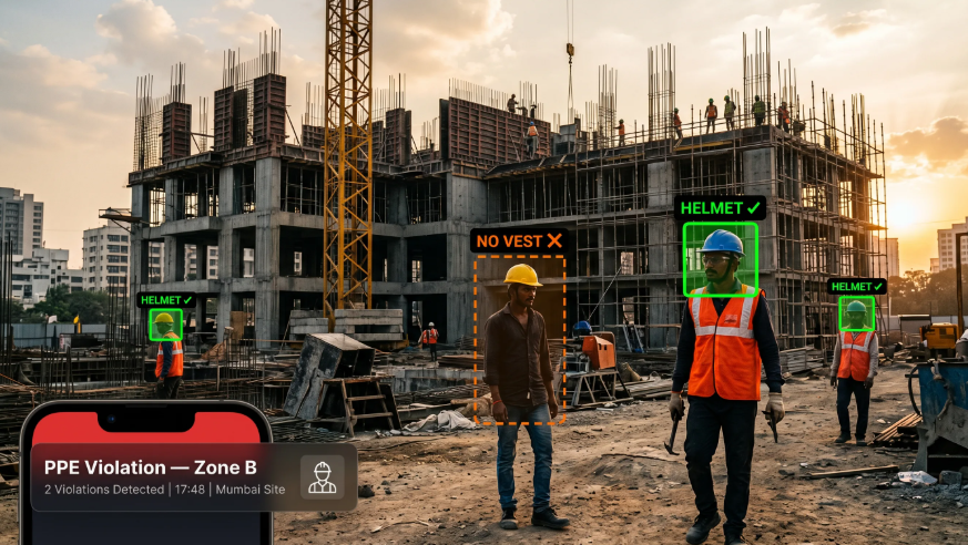 Construction site with workers wearing safety helmets, some with harnesses, on a building under construction in the late afternoon or early evening, with city buildings in the background.