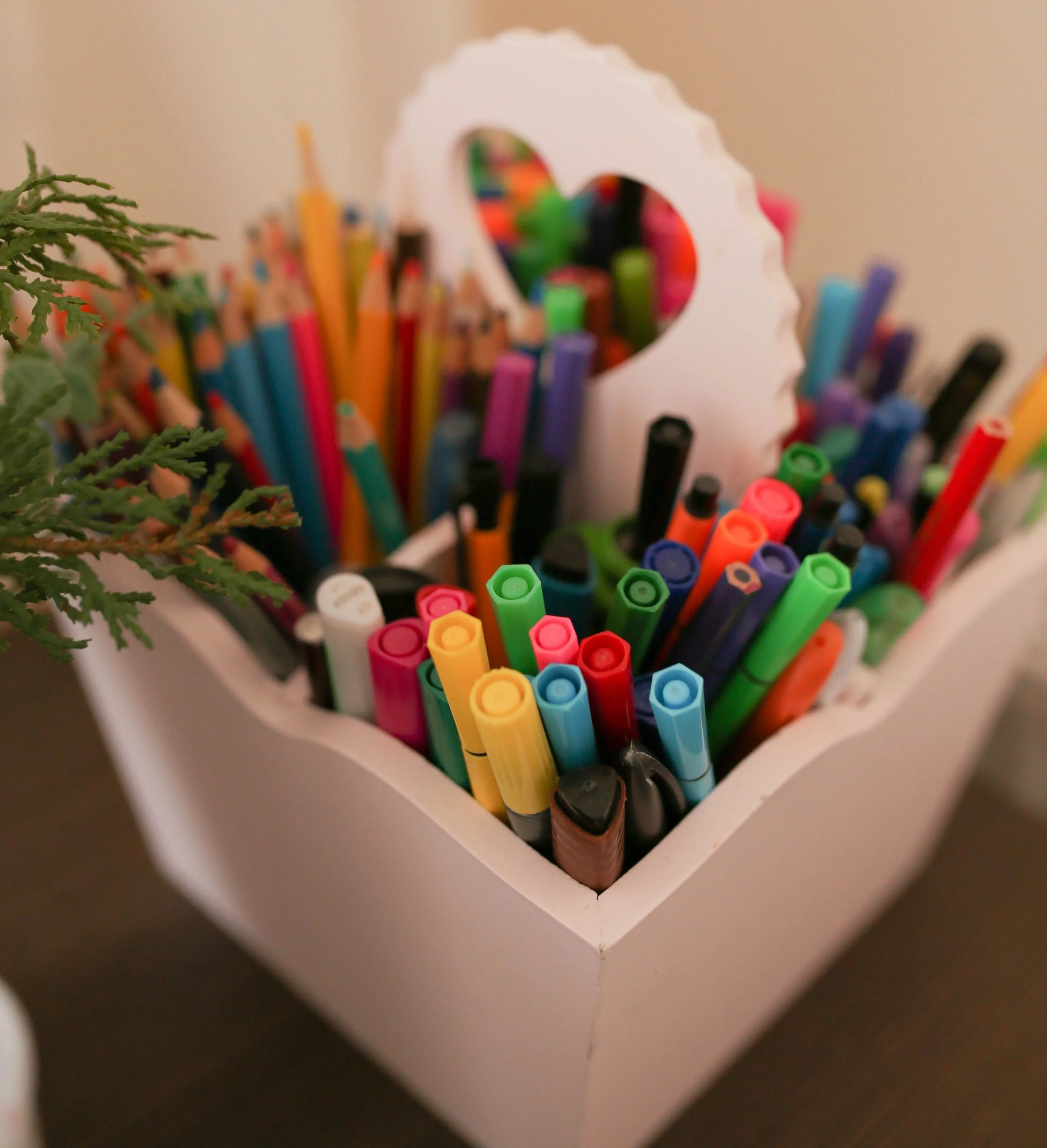 A collection of colorful markers and pens stored inside a white container, with a small green plant nearby.
