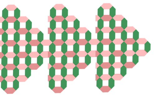 A symmetrical pattern of interconnected hexagons in pink and green, with smaller black squares, creating a geometric mosaic design.
