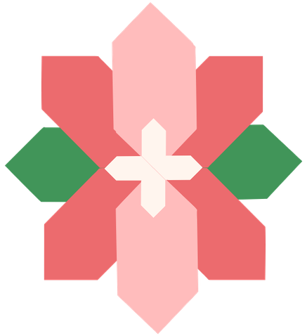 A geometric flower design with pink, red, white, and green shapes arranged in a symmetrical pattern.