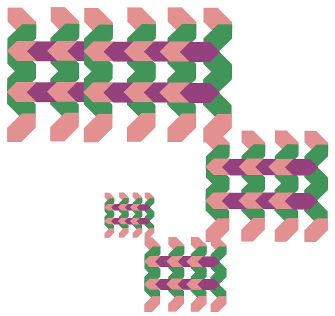 Abstract geometric pattern of interconnected arrows in pink, green, and purple colors.