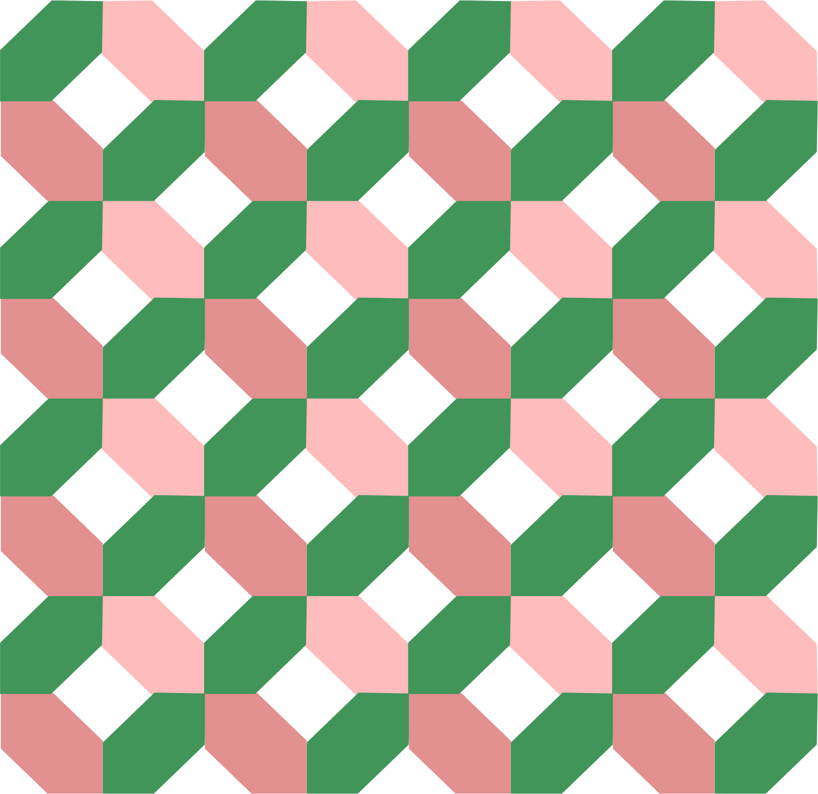 A colorful geometric pattern featuring interconnected shapes in black, pink, green, and peach colors arranged in a repeating, symmetrical design.