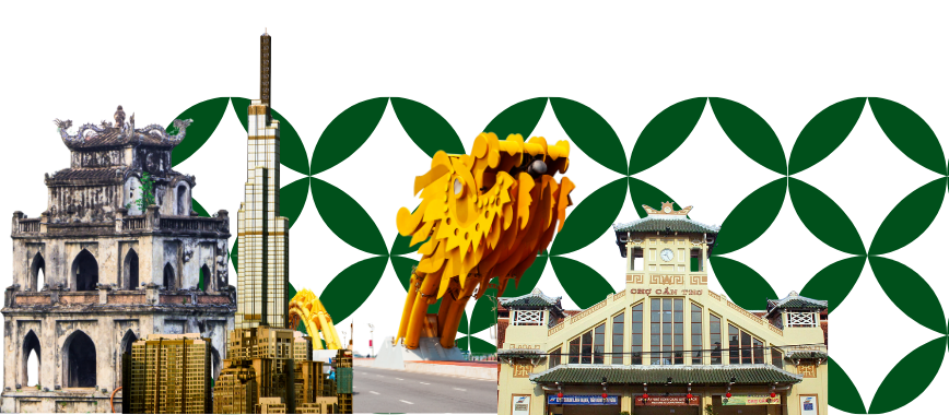 Collage of famous landmarks including a traditional Chinese temple, Taipei 101 skyscraper, a lion statue, and an Art Deco theater with a modern background and a green geometric pattern.