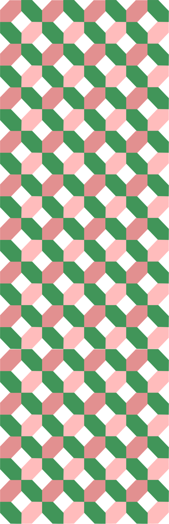 A repeating geometric pattern with pink, green, and black shapes creating an optical illusion effect.