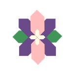 A symmetrical abstract geometric design with purple, pink, green, and cream colors.