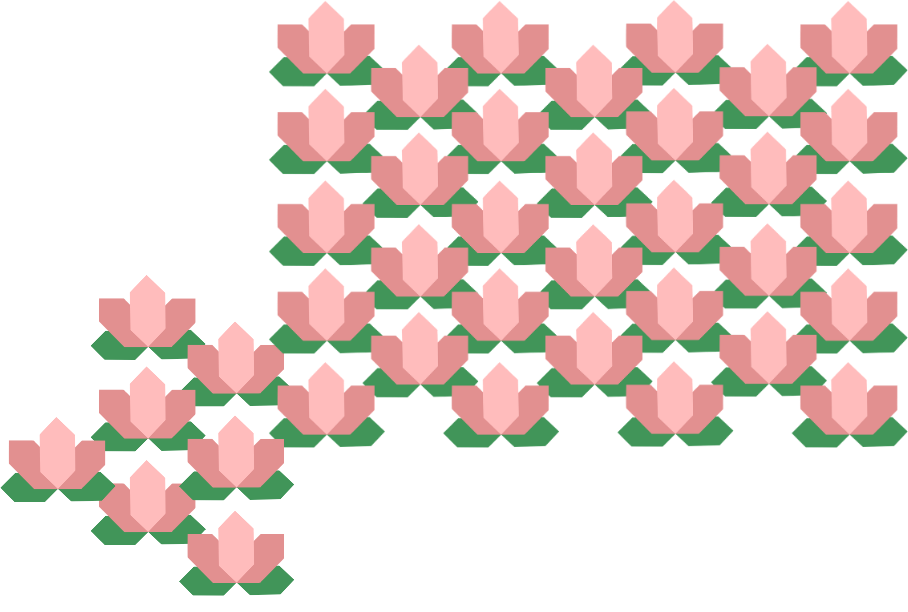 A digital illustration of pink lotus flowers with green leaves arranged in a tessellated pattern on a black background.