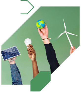 Three hands holding a globe, a light bulb, and a wind turbine against a green background, symbolizing Vietnam Climate Week's collaboration on renewable energy and sustainability