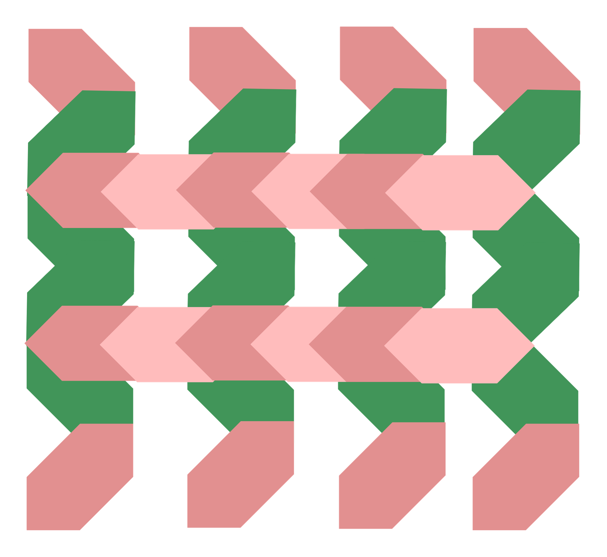 A colorful abstract geometric pattern with overlapping zigzag shapes in pink and green.