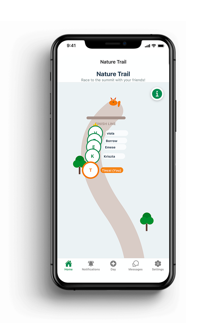 A mobile app screen for a nature trail game showing a racetrack with animal icons and player names, including an orange lion icon at the start and a fox head at the top, with navigation icons at the bottom.