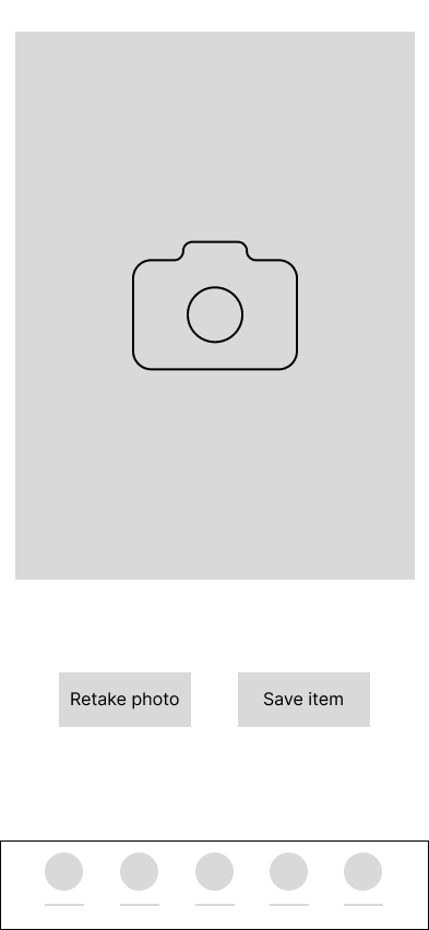 A mobile app screen with a camera icon in the center, and buttons labeled 'Retake photo' and 'Save item' below it.
