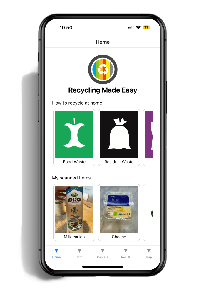 Mobile app screen titled 'Recycling Made Easy' showing sections on recycling at home and scanned items, including a milk carton and cheese.