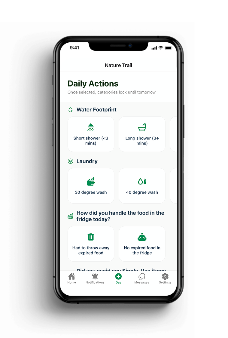 Smartphone screen displaying a 'Nature Trail' app interface with sections for Daily Actions, Water Footprint, Laundry, and food handling, along with navigation icons at the bottom.