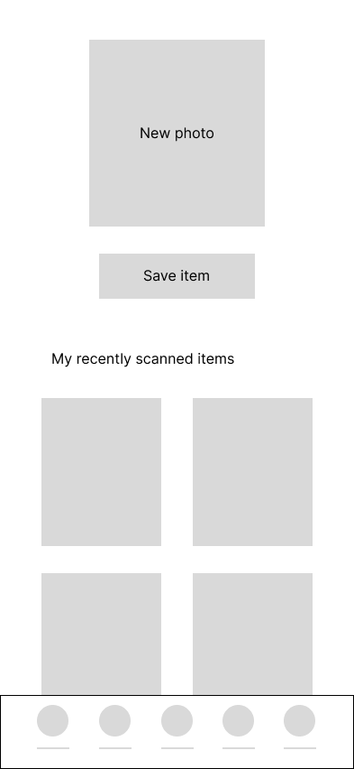 Mobile app interface for scanned items, showing options to upload new photos, save items, and browse recently scanned items. Placeholder images are visible for photos.