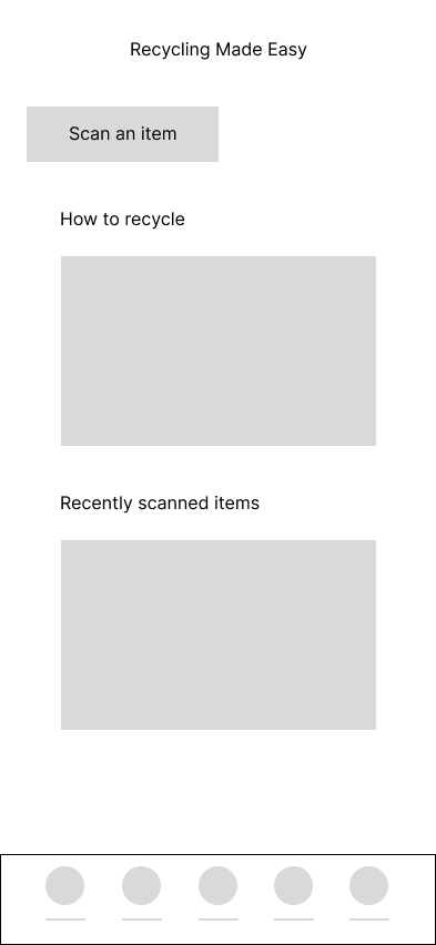 Mobile app interface titled "Recycling Made Easy" with sections for scanning an item, instructions on how to recycle, and recently scanned items, with navigation icons at the bottom.