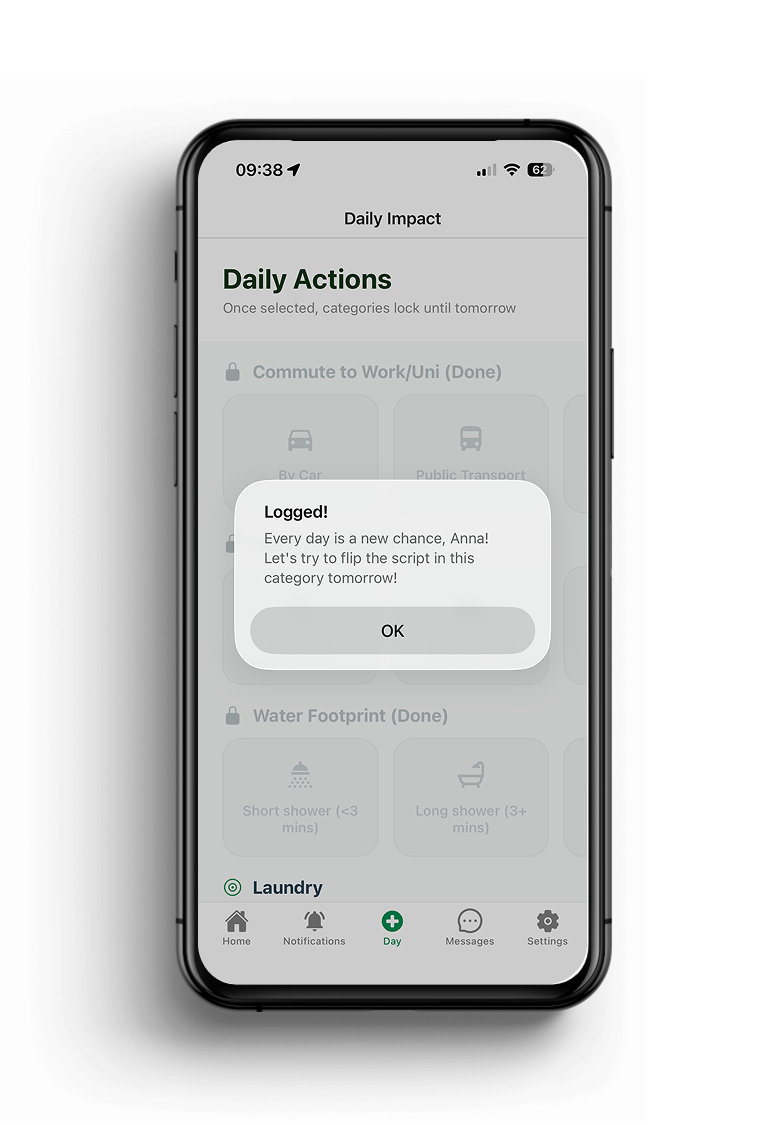 Smartphone screen displaying a daily impact app with a popup message that says 'Logged! Every day is a new chance, Anna! Let's try to flip the script in this category tomorrow!' at 9:38 AM with navigation icons at the bottom.