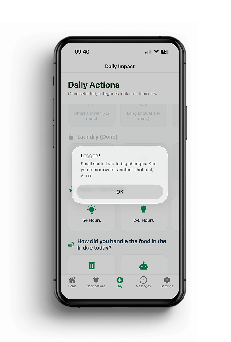 Smartphone screen displaying a mobile app interface for tracking daily impact and activities, with a notification confirming the user has logged an activity.