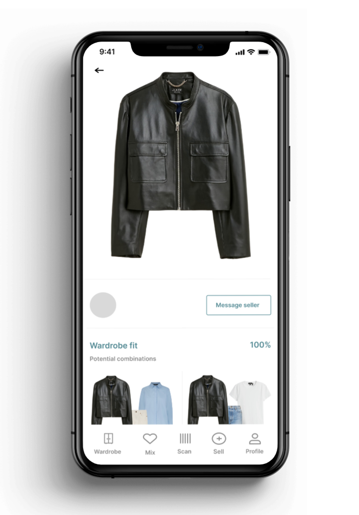 A black leather jacket shown on a mobile phone screen with options to message seller, view wardrobe fit, and potential combinations, and icons for wardrobe, mix, scan, sell, and profile at the bottom.