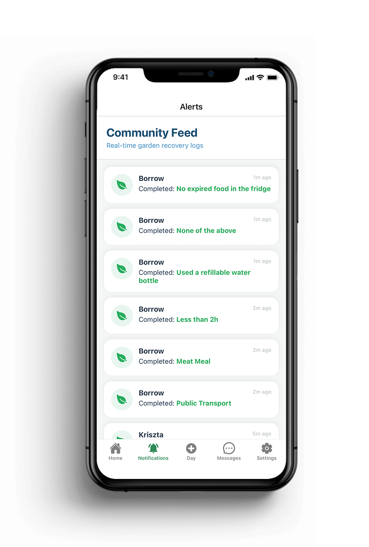 A smartphone screen displaying a gardening app with a community feed of real-time garden recovery logs, including entries for food expiration, water usage, meal preparation, and transportation methods.
